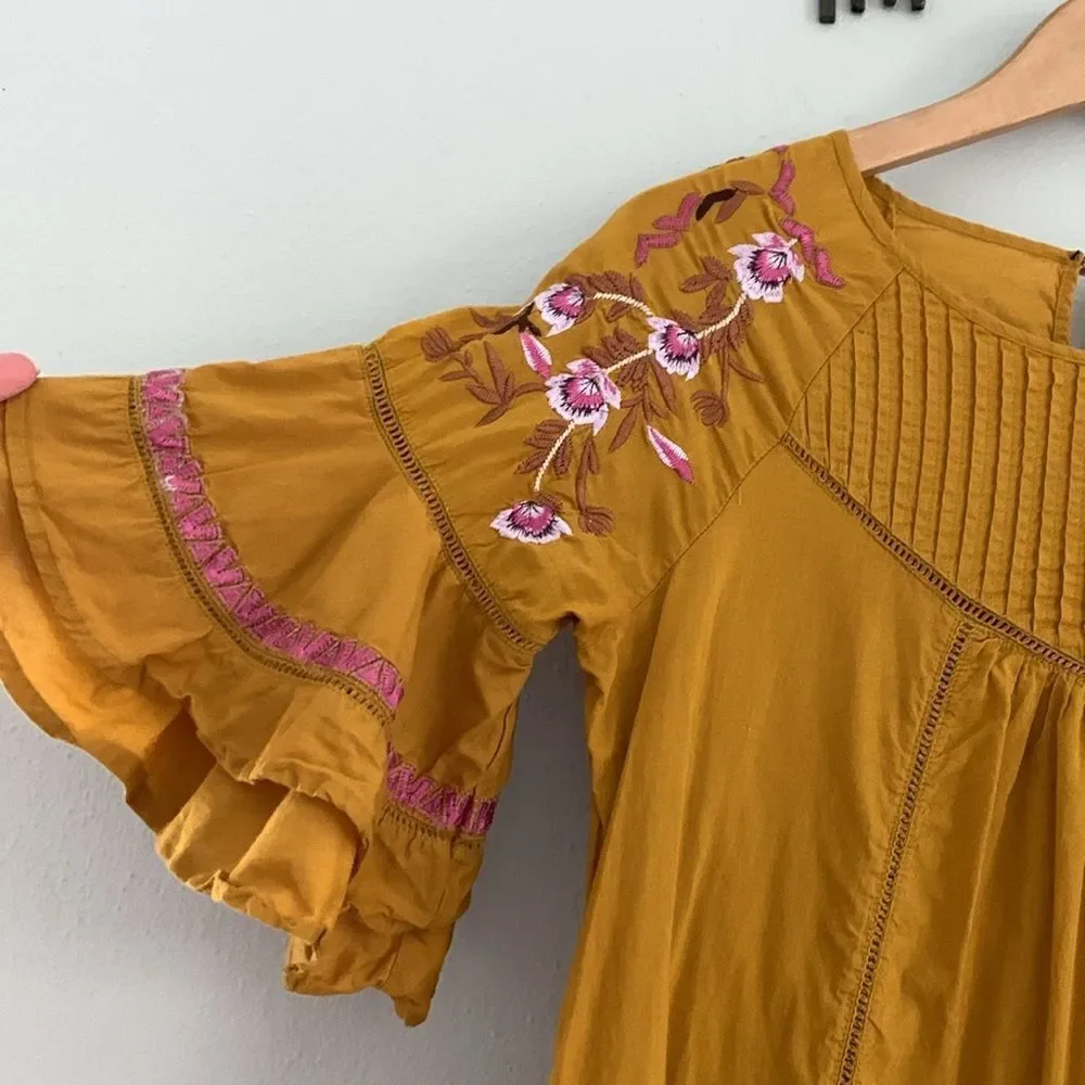 Free People Pavlo mustard yellow boho hippie floral embroidered mini dress small